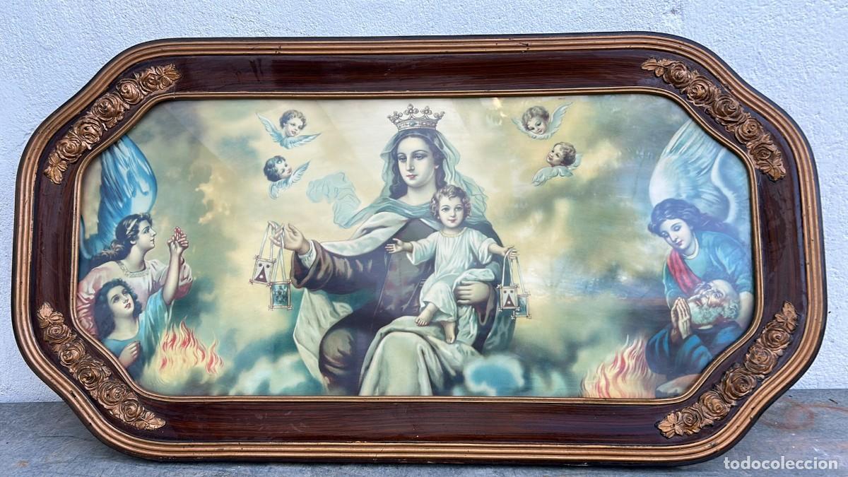 Arte: LITOGRAFIA BONITA Y ANTIGUA DE NTRA. SRA. DEL CARMEN CON MARCO OVALADO DE 90 X 47 CMS. 7 CMS. MARCO