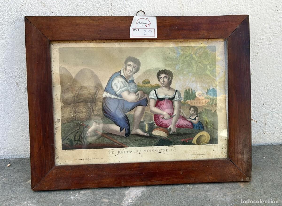Arte: LITOGRAFIA ANTIGUA COLOREADA EL DESCANSO DEL COSECHADOR 42 X 32 CMS. 4 CMS MARCO