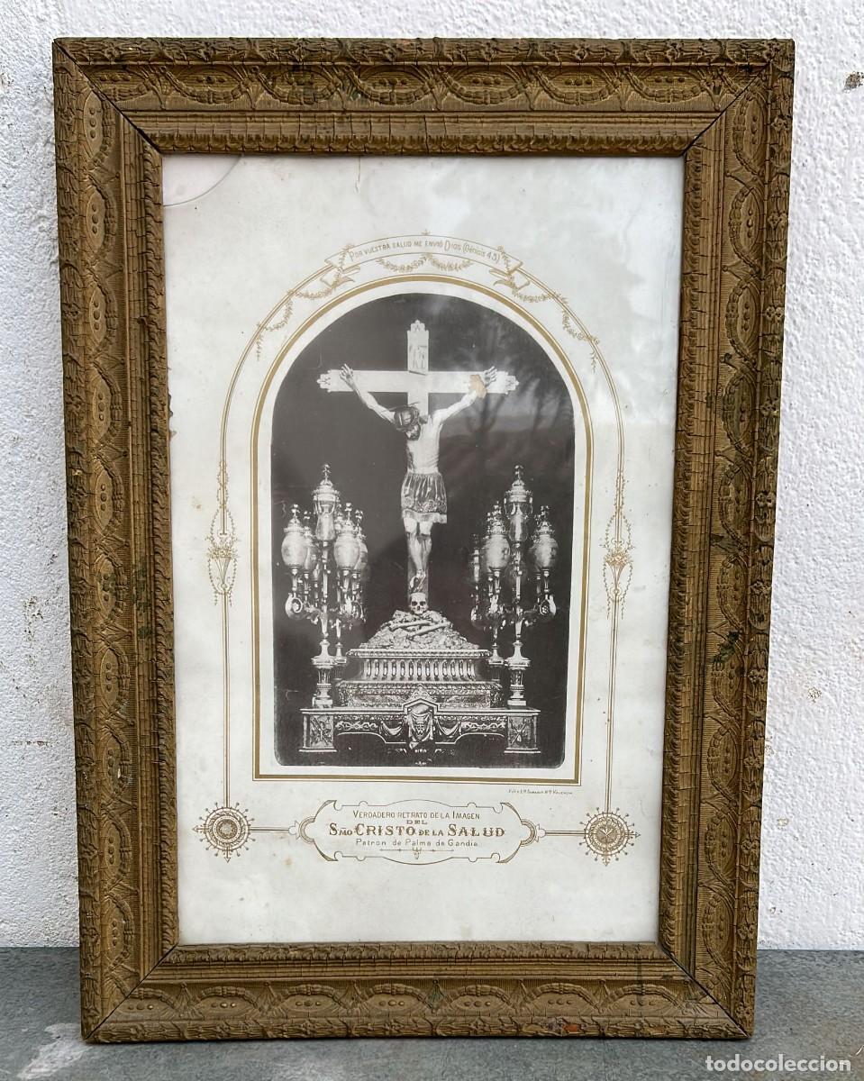 Arte: LITOGRAFIA ANTIGUA STO. CRISTO DE LA SALUD PATRON DE PALMA DE GANDIA DE 60 X 46 X 6 CMS. DE MARCO
