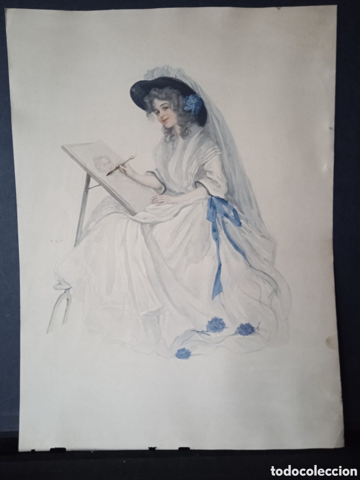 Arte: ANTIGUA LITOGRAF&Iacute;A DE DAMA VICTORIANA FIRMADA M.S.M.