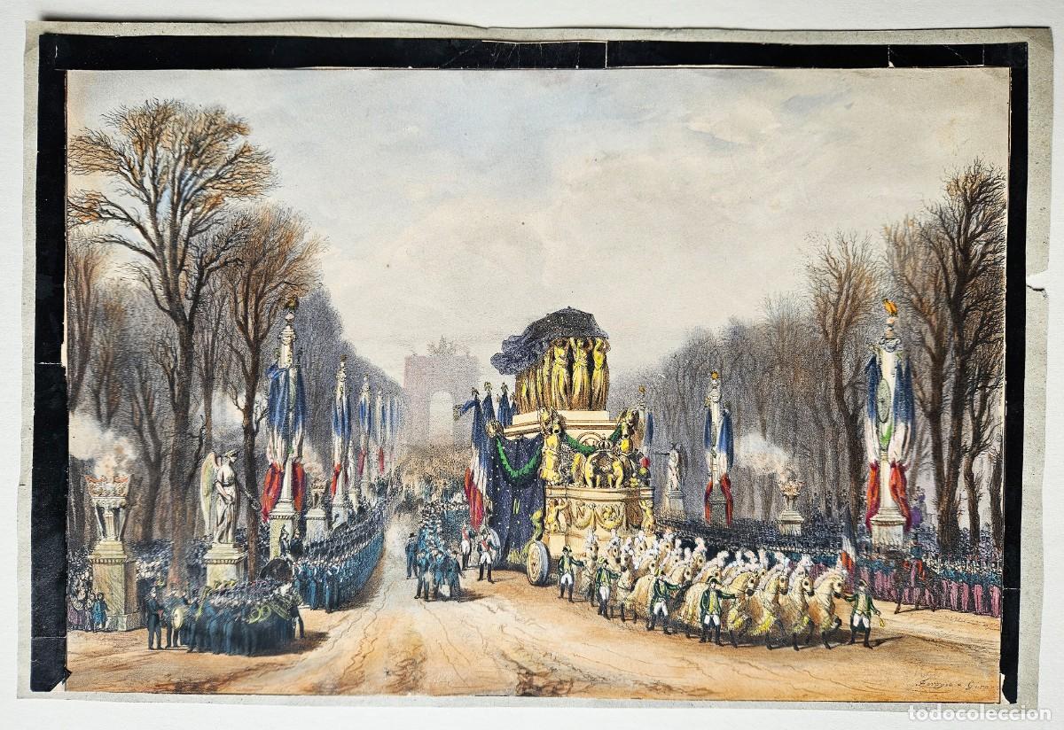 Arte: Funeral de Napole&oacute;n. Paso del cortejo por los Campos El&iacute;seos 15-dic.-1840. Lith. Coulon