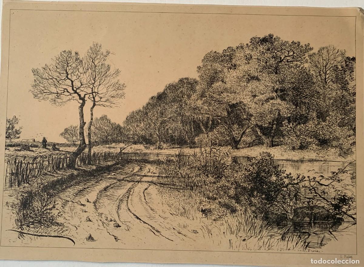 Art: Excelente litografia de paisaje con arbolado. Firmado ilegible y fechado en 1880