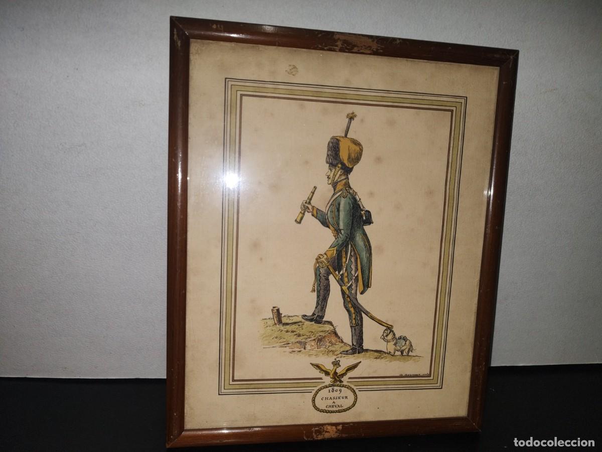 Art: A1- ANTIGUA LITOGRAF&Iacute;A FRANCESA ENMARCADA: 1809 CHASSEUR &Agrave; CHEVAL - D. DERVEAUX SCULPTOR 50'S, 70'S