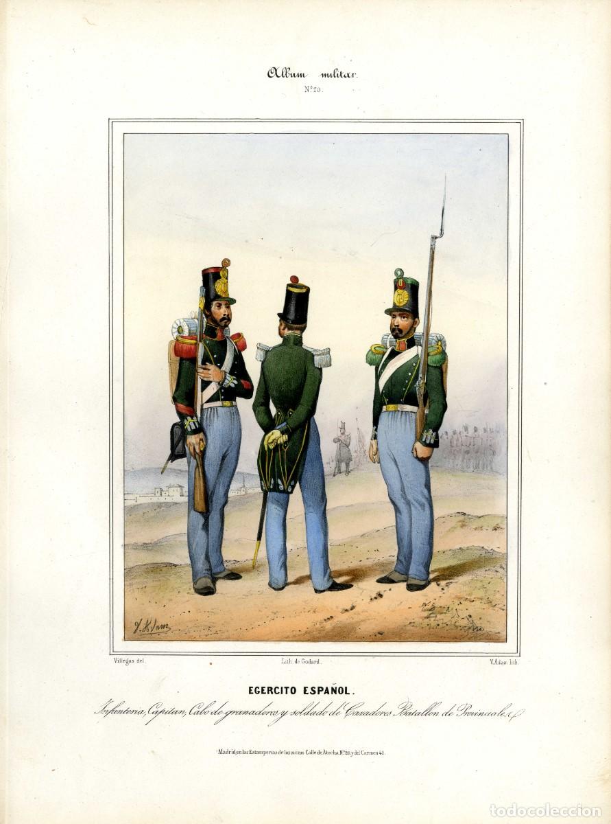 Arte: Album militar, n&ordm; 20. Infanter&iacute;a., Capit&aacute;n, Cabo de granaderos y soldado de Cazadores.