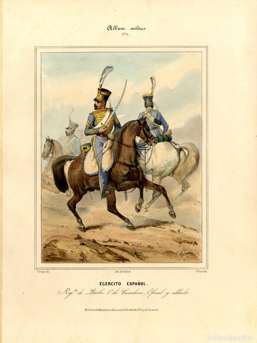 Arte: Album militar, n&ordm; 11. Regto de Bailen 5&ordm; de Cazadores, Oficial y soldados
