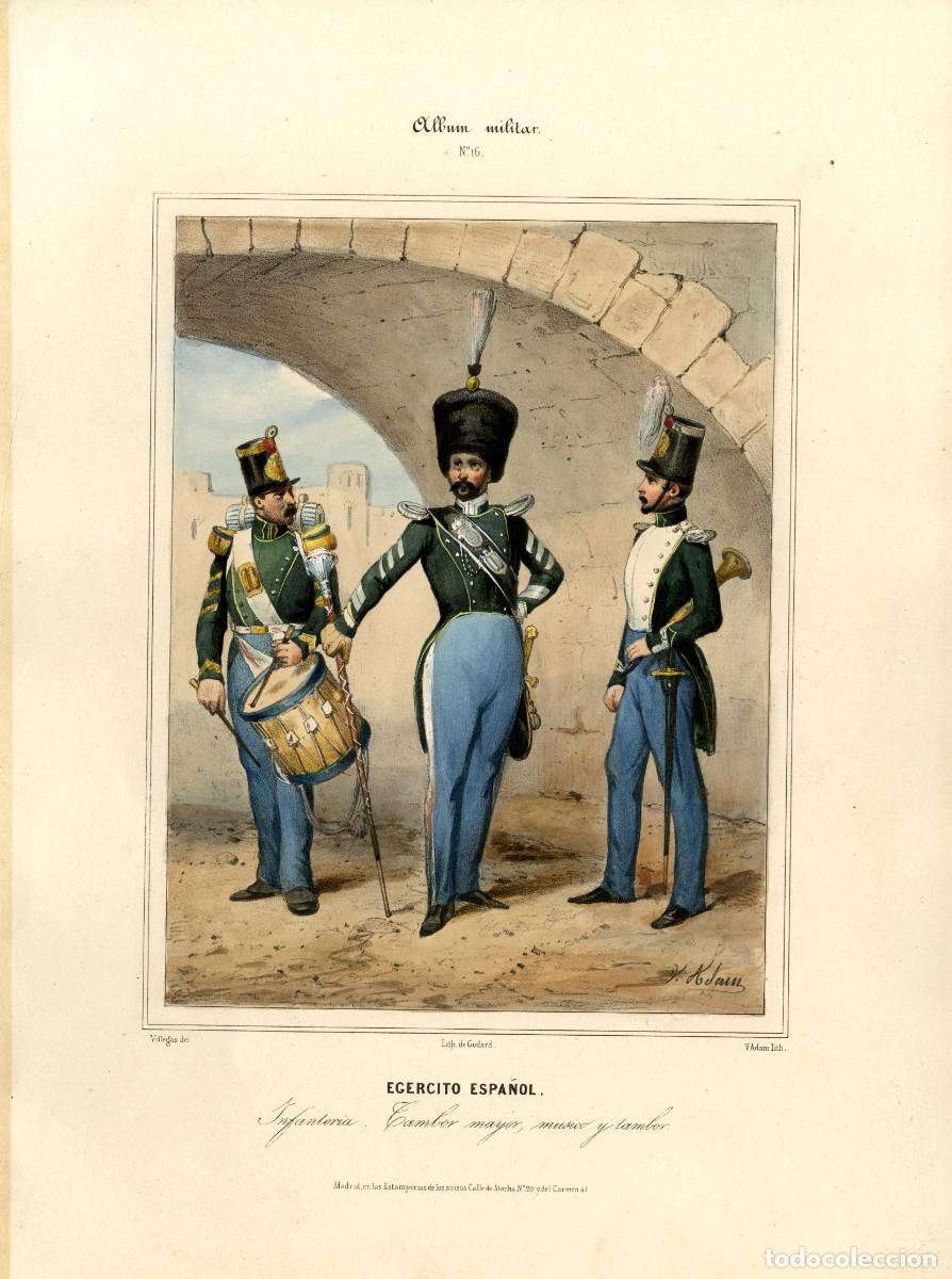 Arte: Album militar, n&ordm; 16. Infanter&iacute;a. tambor Mayor, m&uacute;sico y tambor
