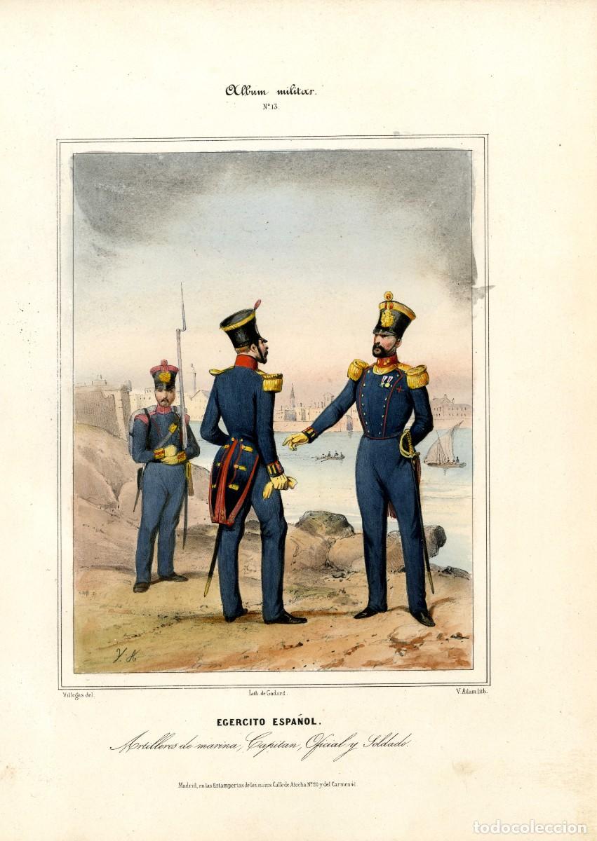 Arte: Album militar, n&ordm; 13. Artilleros de Marina. Capit&aacute;n Oficial y soldado