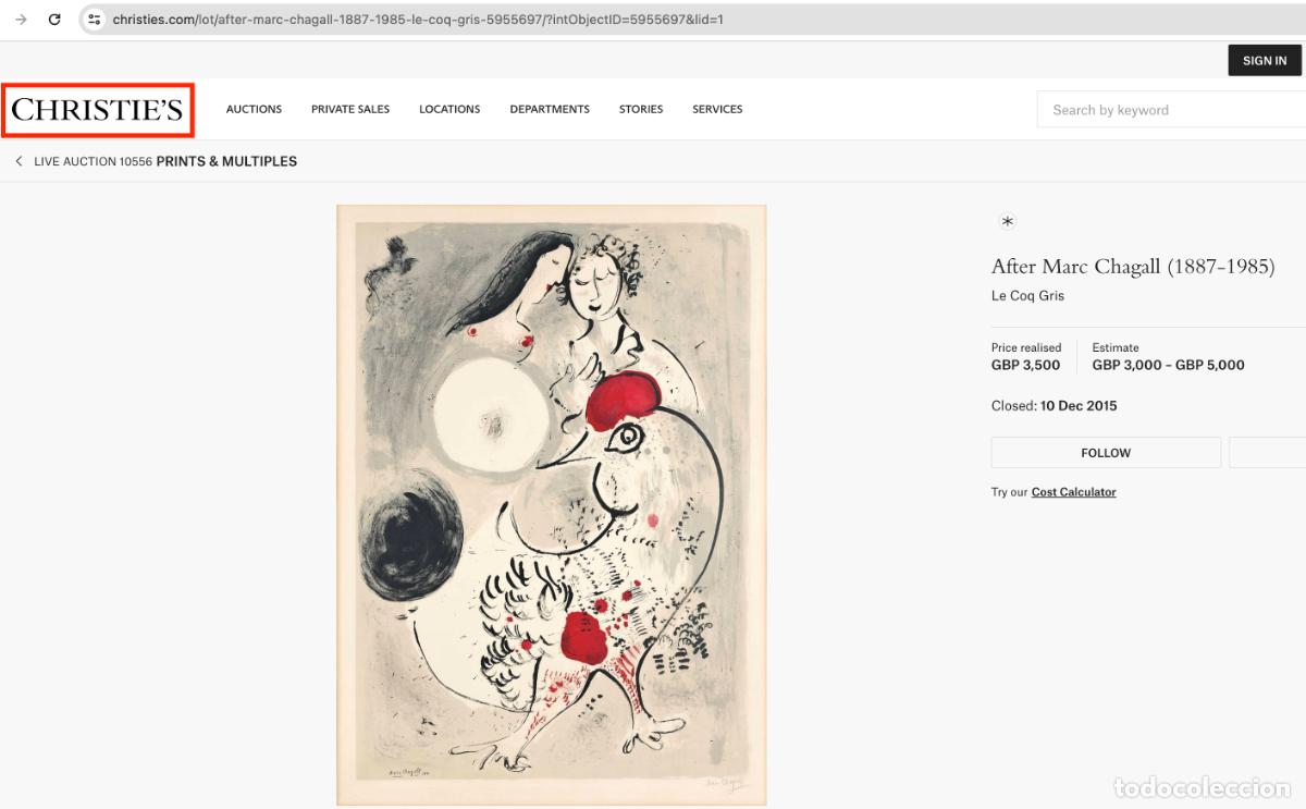 Arte: MARC CHAGALL (1887 &mdash; 1985) Le Cochet Gris - Foto 8