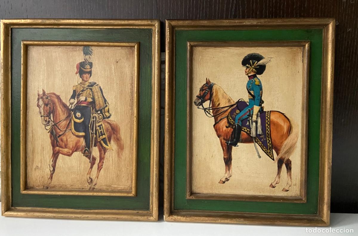 Arte: C-212-2 Pareja de litograf&iacute;as sobre madera. H&uacute;sares. Artesan&iacute;a Ouro. Spain. A&ntilde;os 70's.