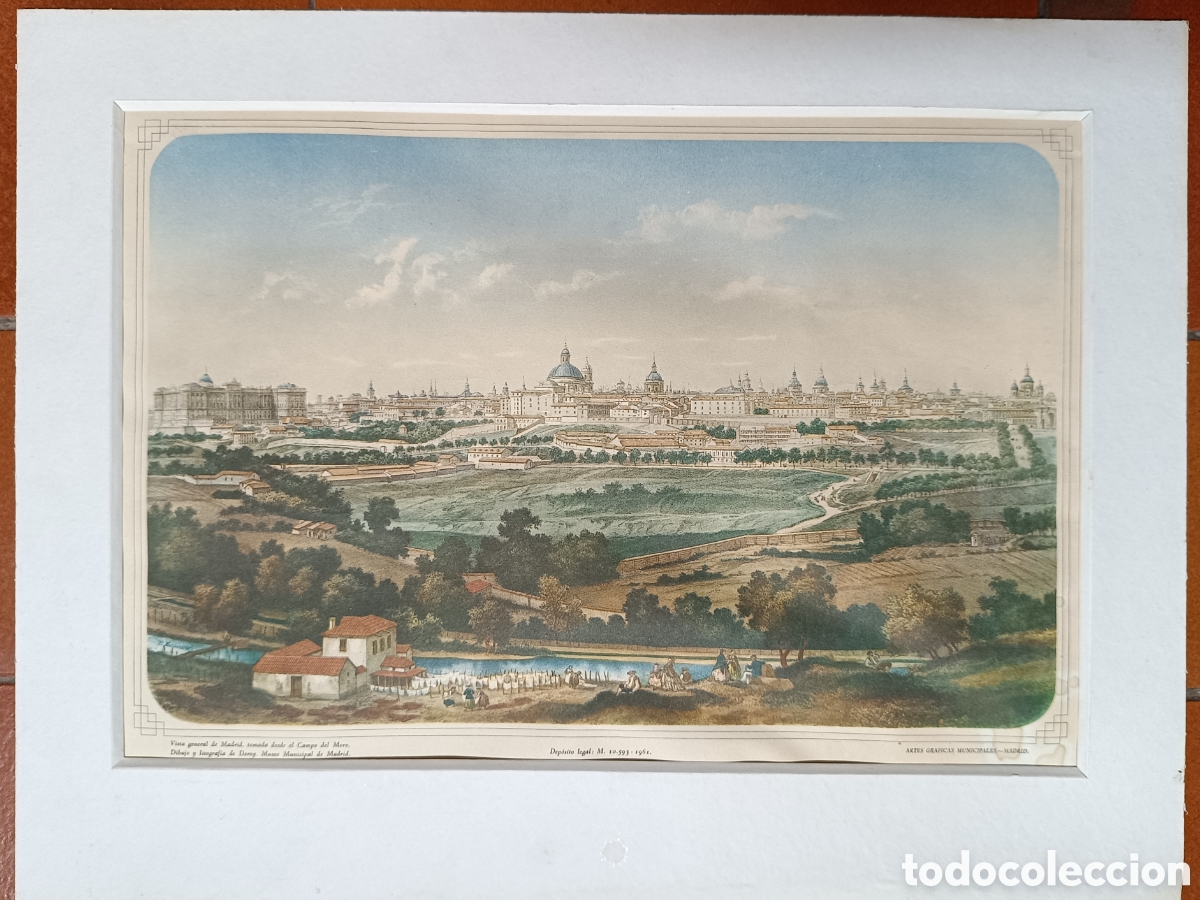 Arte: Antigua litograf&iacute;a Vista de Madrid desde el Campo del Moro por Deroy 1961