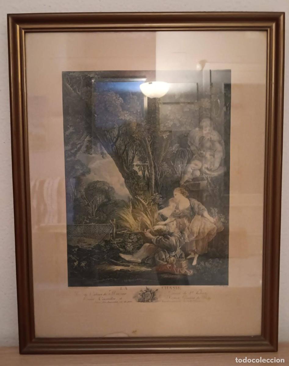 Kunst: antigua lamina litografica enmarcada titulada la chasee (la caza)jean antoine vassal a&ntilde;os 40/50