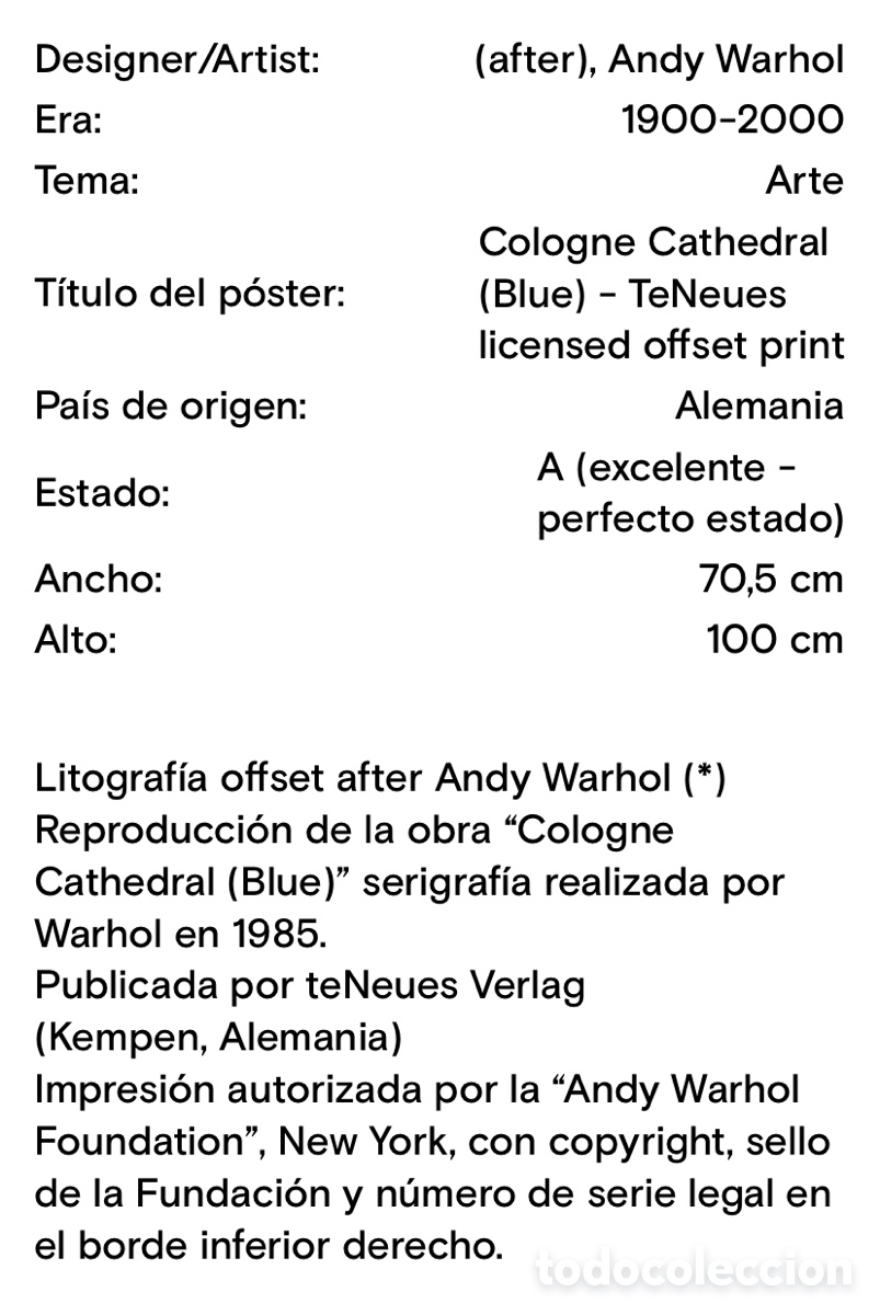 Arte: Andy warhol -cologne cathedral blue (70,5x100cm) - Foto 2