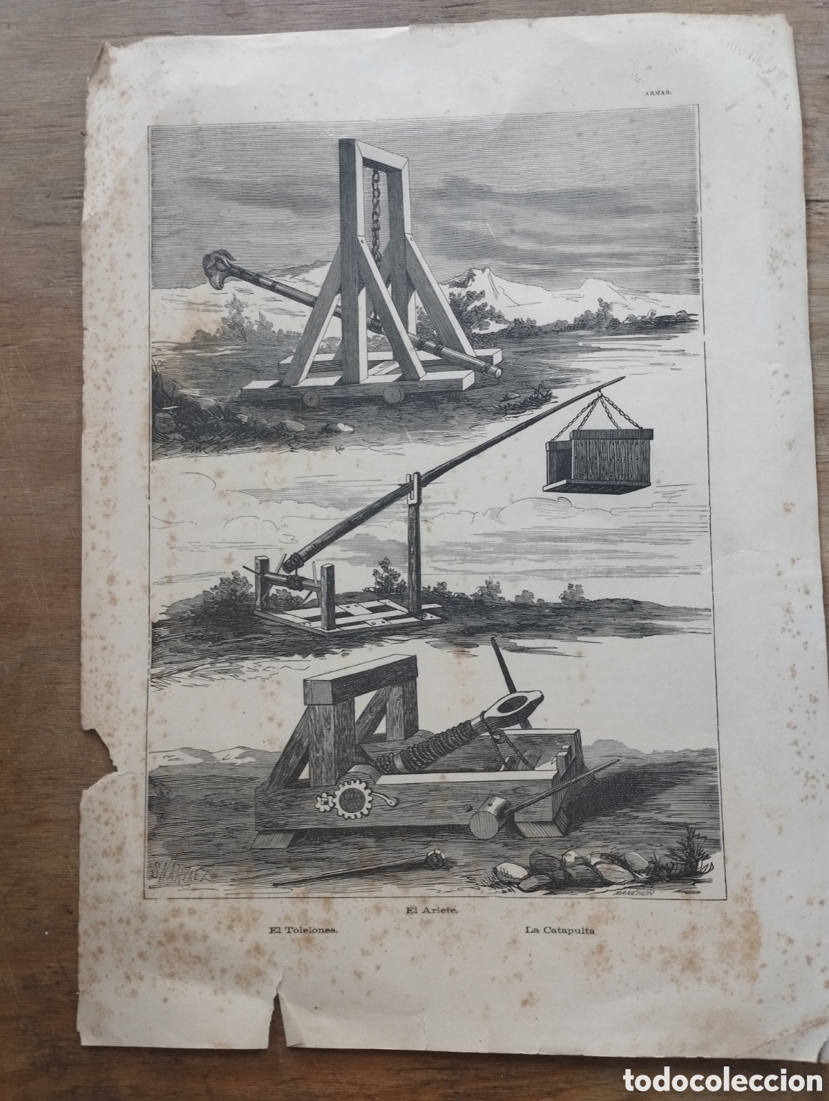 Arte: Litograf&iacute;a de las armas de la edad media, El Telones, El Ariete y La Catapulta S. Narv&aacute;ez
