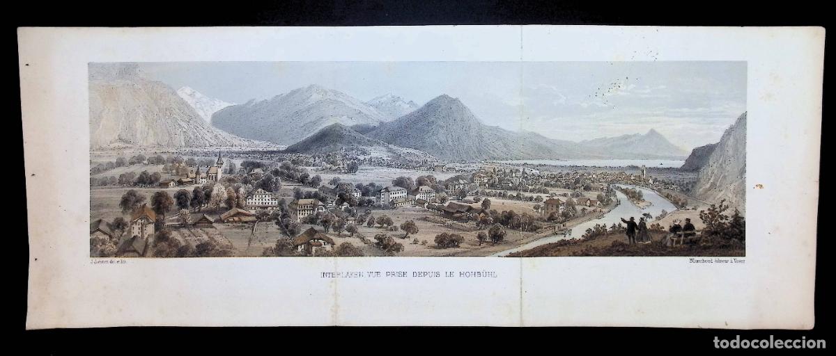 Arte: INTERLAKEN VUE PRISE DEPUIS LE HOHB&Uuml;HL. J. JACOTTET DEL. ET LITH. BLANCHOUD &Eacute;D. &Aacute; VEVEY. LITOGRAFIA