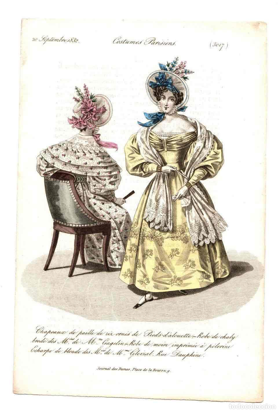 Arte: LITOGRAFIA MODA. COSTUMES PARISIENS. N&ordm; 3017. A&Ntilde;O 1832