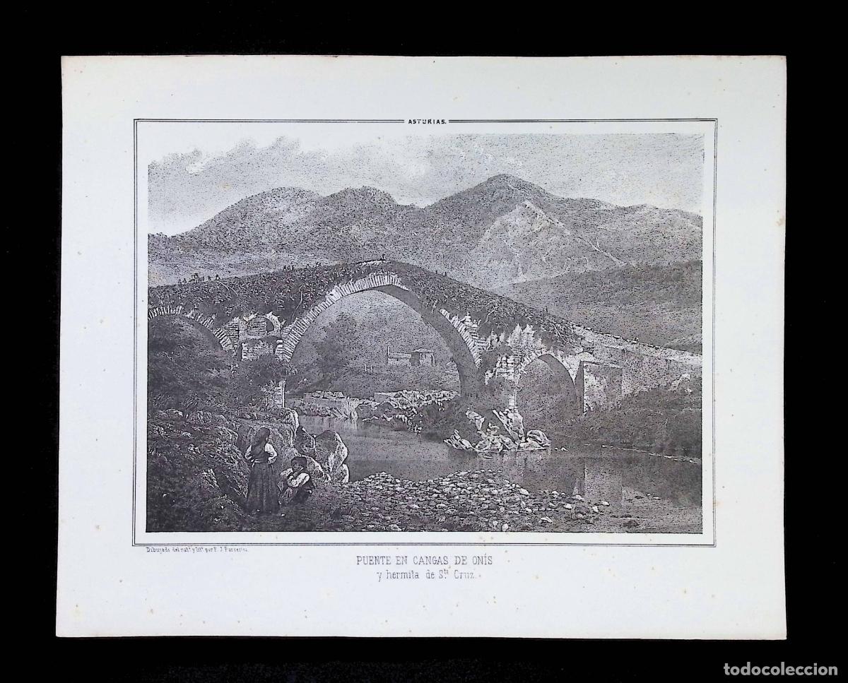 Arte: PUENTE EN CANGAS DE ON&Iacute;S Y HERMITA DE STA. CRUZ. ASTURIAS. PARCERISA. (27X21,5 CM)