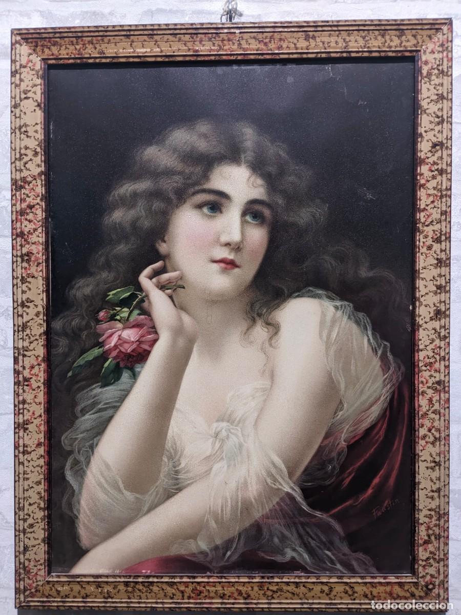 Arte: LITOGRAFIA PRECIOSA ENMARCADA A&Ntilde;OS 30 SE&Ntilde;ORITA 46 X 62 CMS. IMAGENES POCO VISTAS A LAS HABITUALES