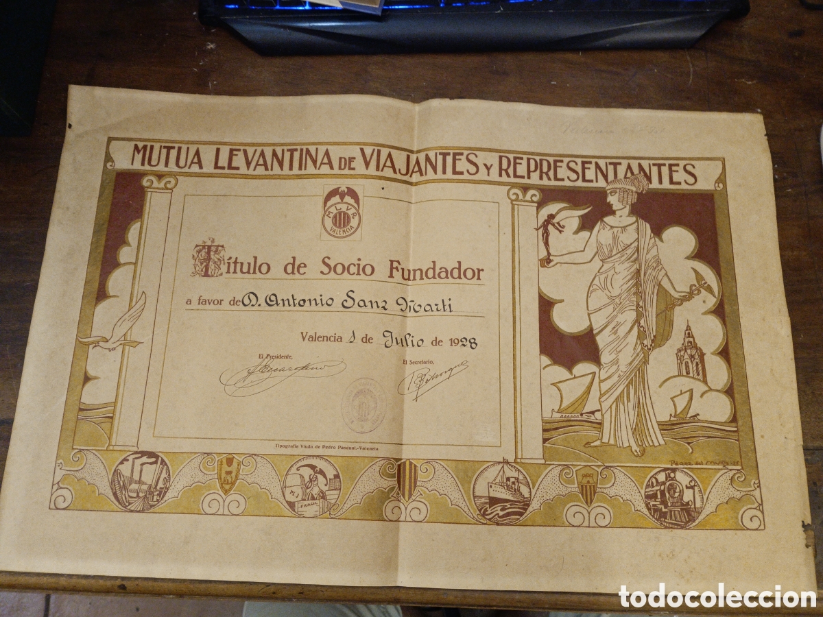 Arte: TITULO. MUTUA LEVANTINA DE VIAJANTES Y REPRESENTANTES. VALENCIA, 1928. PEREZ DEL MURO