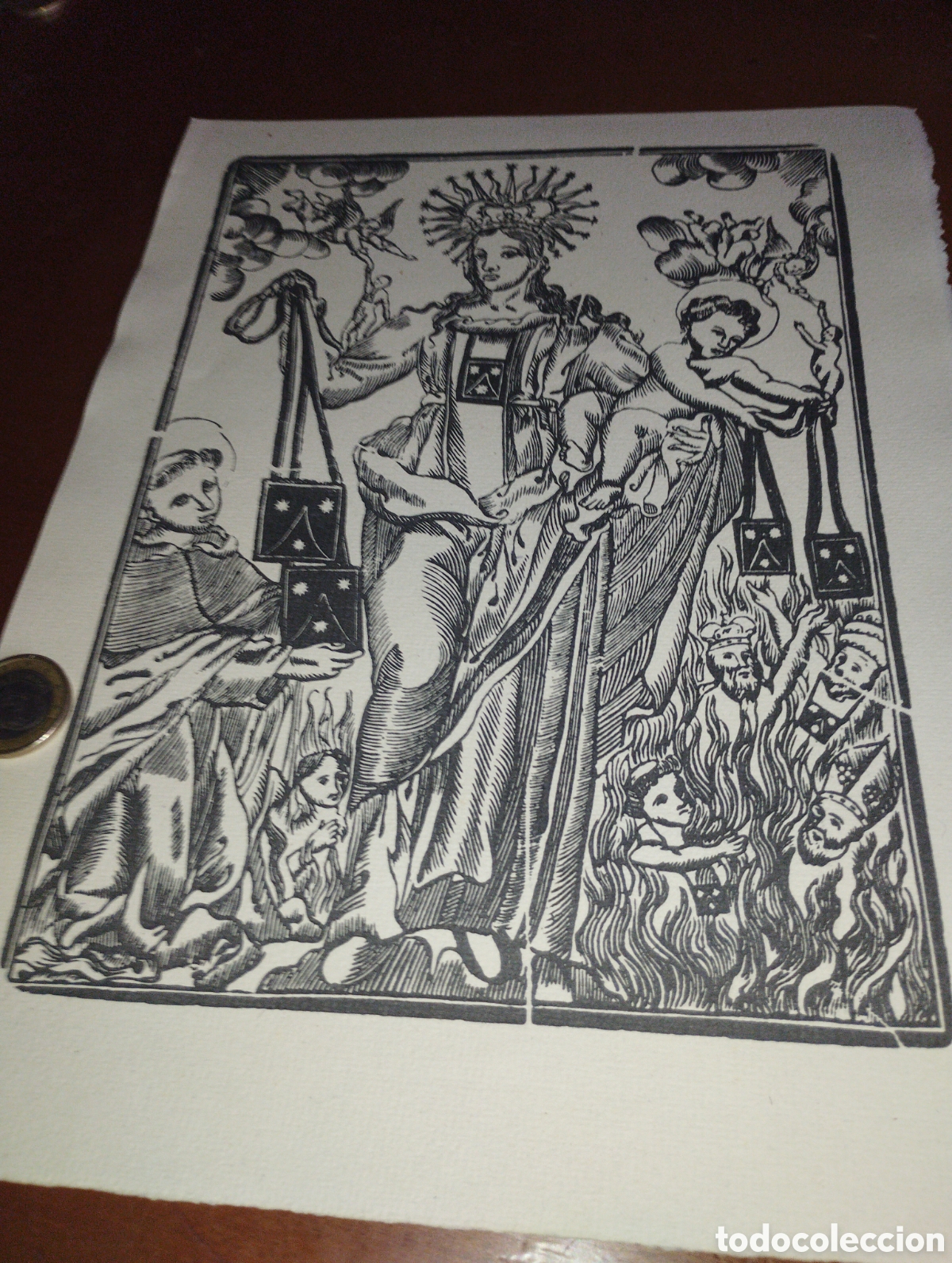 Arte: Litograf&iacute;a de la Virgen y el ni&ntilde;o con escapularios - Foto 1