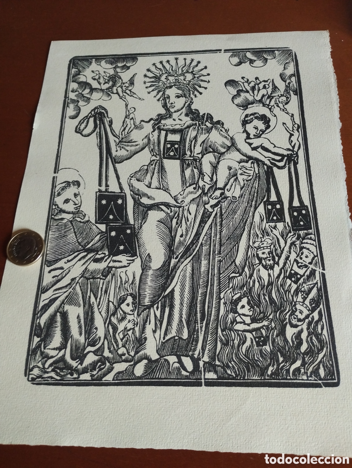 Arte: Litograf&iacute;a de la Virgen y el ni&ntilde;o con escapularios - Foto 1