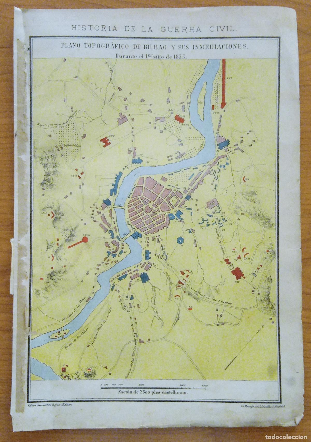 Arte: ANTIGUA LITOGRAF&Iacute;A. PLANO TOPOGR&Aacute;FICO DE BILBAO Y SUS INMEDIACIONES DURANTE EL 1&ordm; SITIO 1833