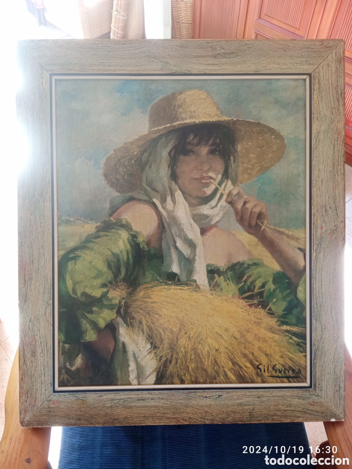 Arte: Campesina con espigas rotas de Enrique Gil guerra pintura en tablas en &oacute;leo