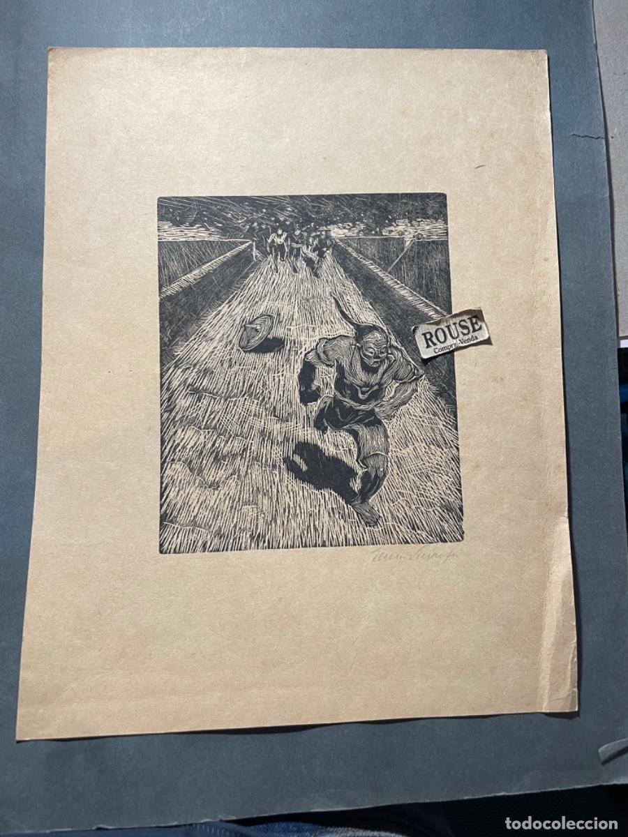 Arte: ANTIGUA LITOGRAFIA TEMA ORIENTAL CHINO CORRIENDO FIRMADA A LAPIZ , (NO PODEMOS LEER EL AUTOR)