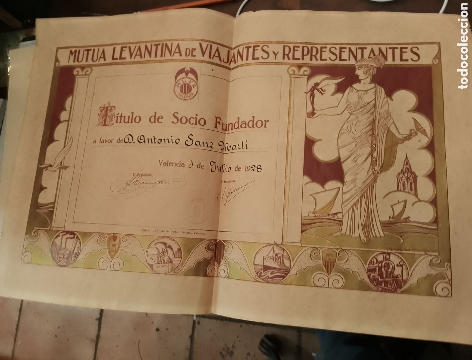 Kunst: MUTUA LEVANTINA DE VIAJANTES Y REPRESENTANTES. TITULO DE SOCIO FUNDADOR. VALENCIA, 1928. DEL MURO