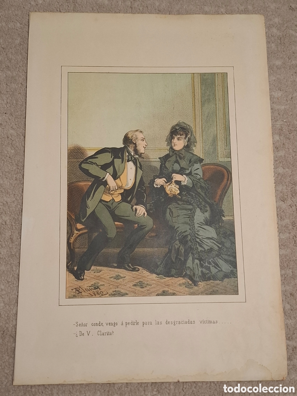 Arte: Litograf&iacute;a de Eusebio Planas, en color, 1880 - Foto 1