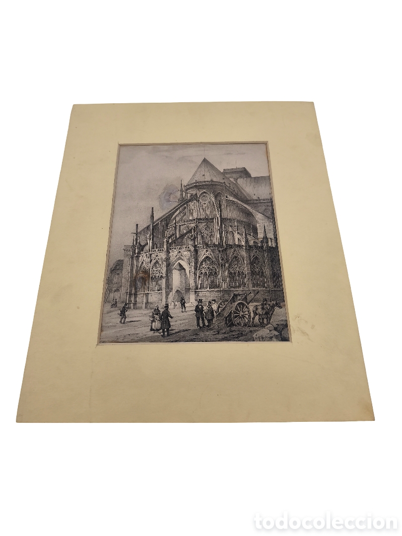 Art: VISTA GRABADA DE NOTRE DAME DE PAR&Iacute;S - SIGLO XIX - LITOGRAF&Iacute;A SOBRE PASPART&Uacute; DE &Eacute;POCA