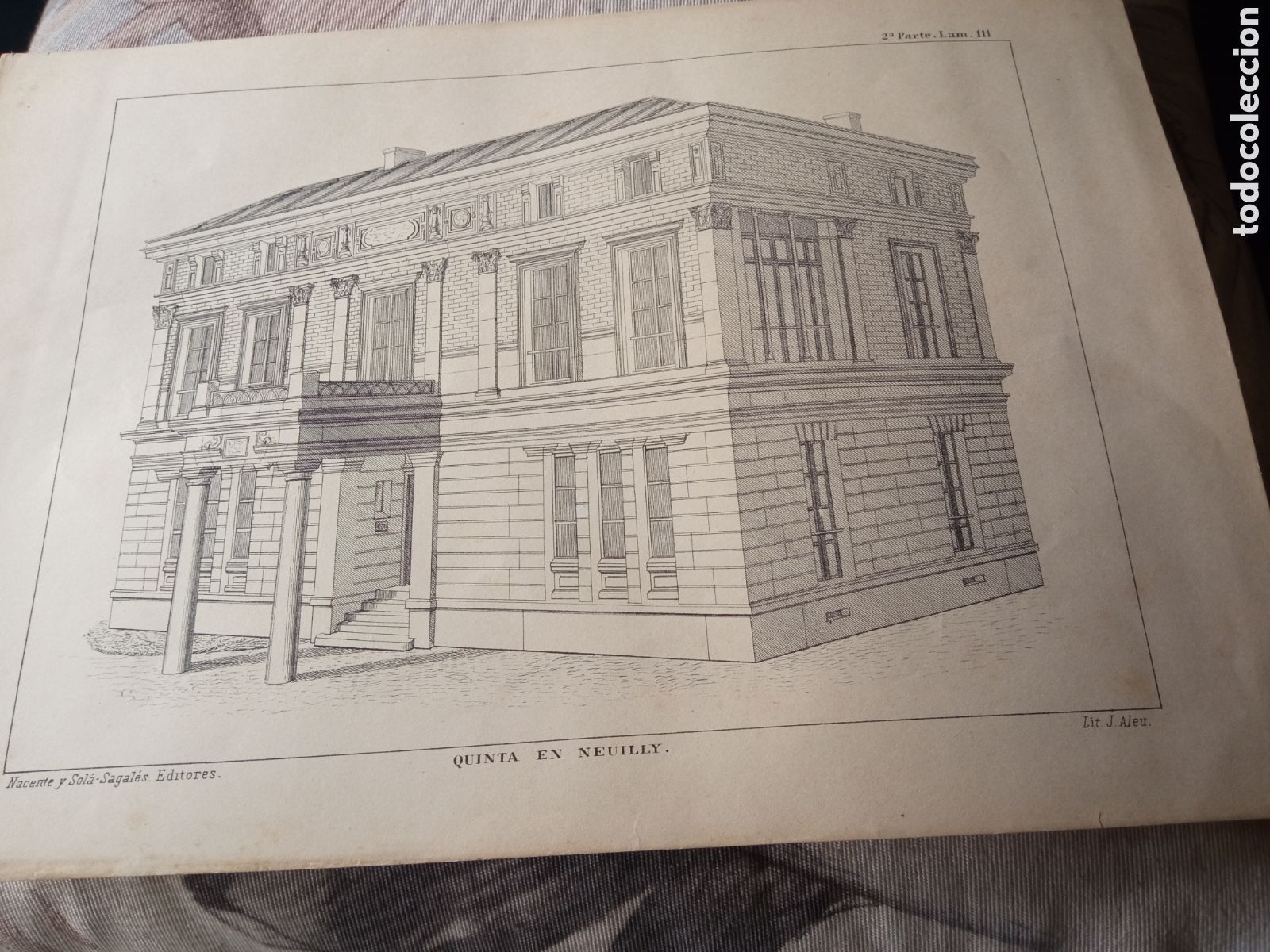 Arte: Quinta en Neuilly, antigua litograf&iacute;a J. Aleu mide 32x22 cm