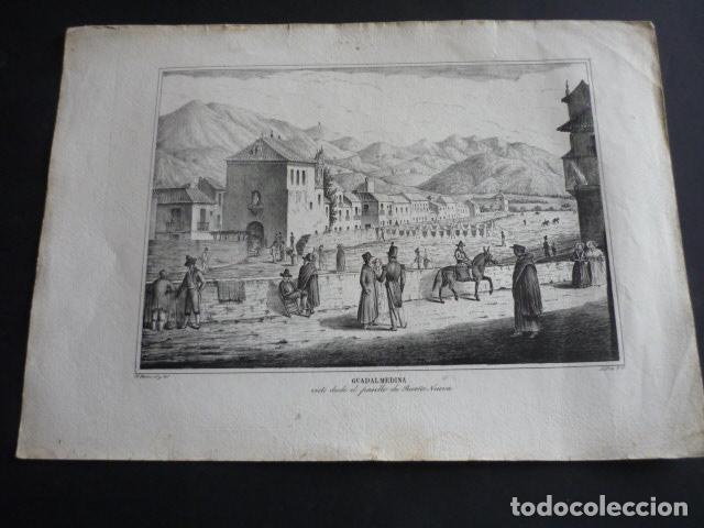 Arte: GUADALMEDINA MALAGA DESDE PUERTA NUEVA LITOGRAFIA SIGLO XIX F. PEREZ 21 X 29 CM