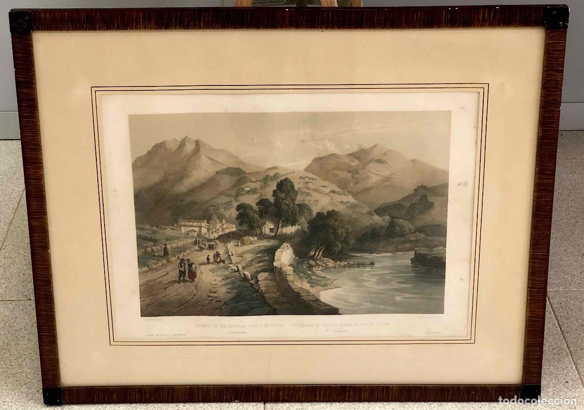 Arte: LITOGRAFIA COLOREADA ERMITA DE SAN ESTEBAN Y VISTA DE TOLOSA EN GUIPUZCOA. C.1850