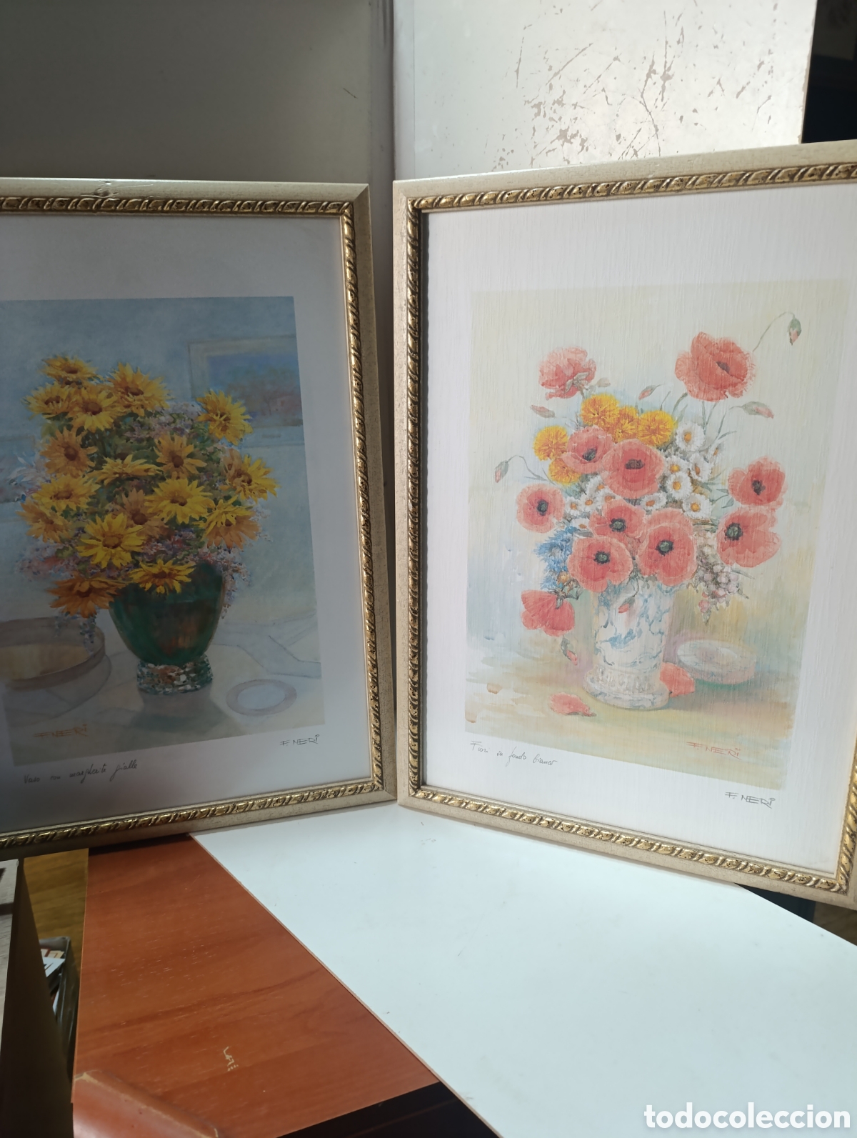 Arte: Pareja de litograf&iacute;as florales F. Neri &ndash; &ldquo;Vaso con margherite gialle&rdquo; y &ldquo;Fiori su fondo bianco&rdquo; &ndash; En