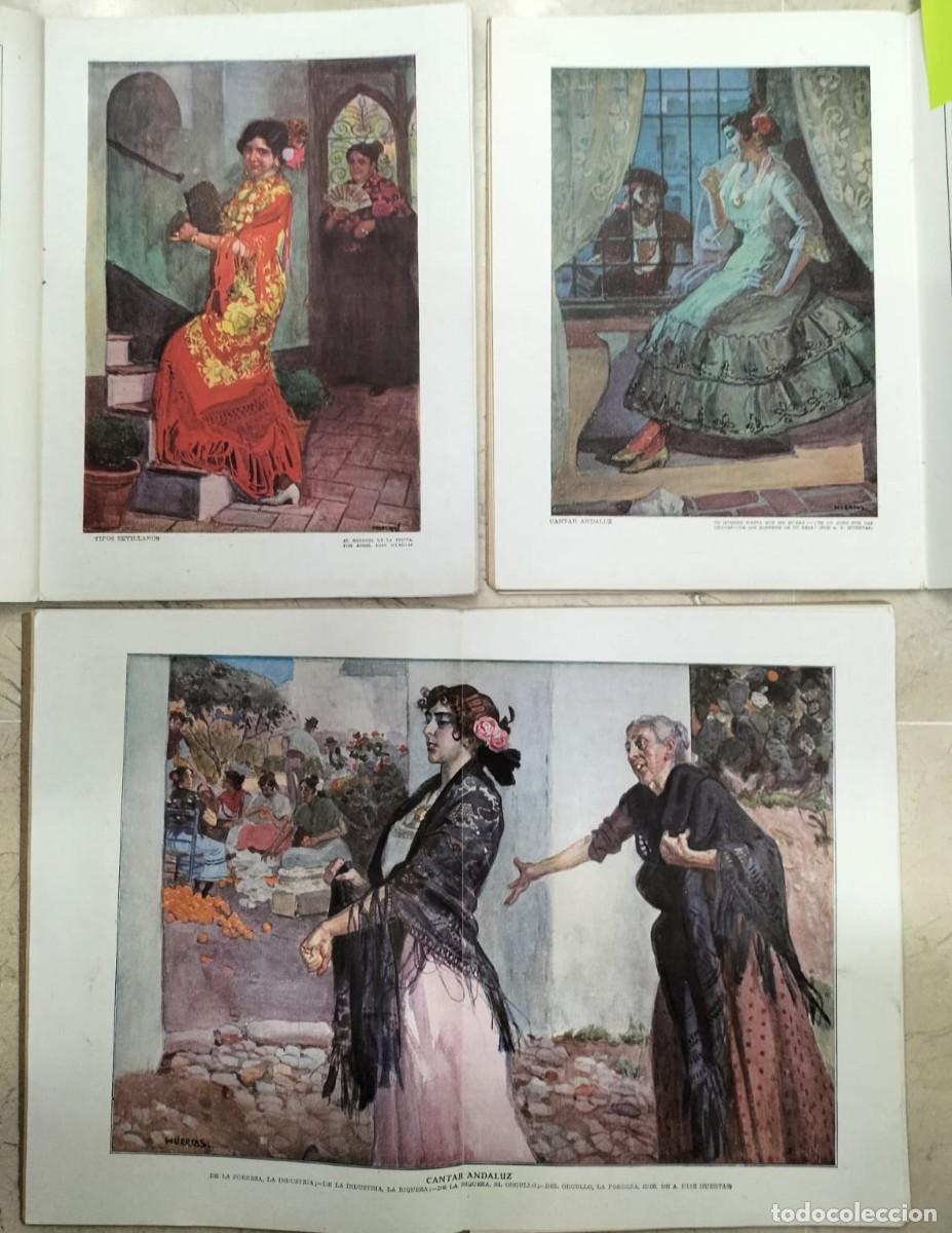 Arte: Lote 3 litograf&iacute;as Sevilla - Feria de abril - flamenco - tipo sevillano - folclore - a&ntilde;o 1915 -