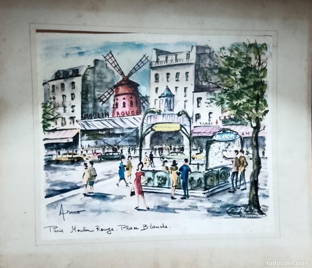 Arte: Lote 3 L&aacute;minas Vintage Par&iacute;s - Firmadas Arno - Moulin Rouge, Notre Dame y Conciergerie