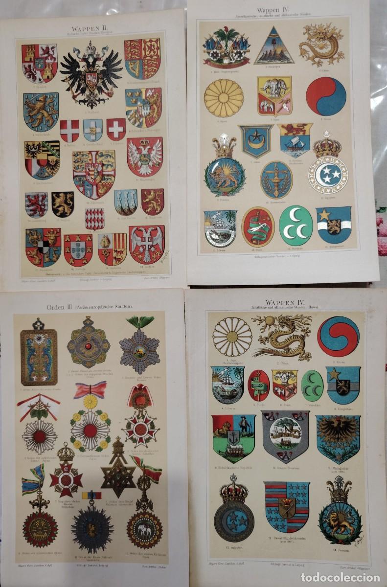 Art: 4 VIEJOS GRABADOS LITOGRAFIADOS MEDALLAS MILITARES Y ESCUDOS