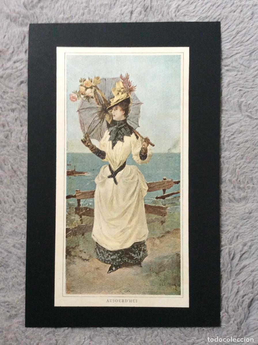 Arte: A mulher parisiense do s&eacute;culo XIX. Litografia colorida do s&eacute;culo XIX