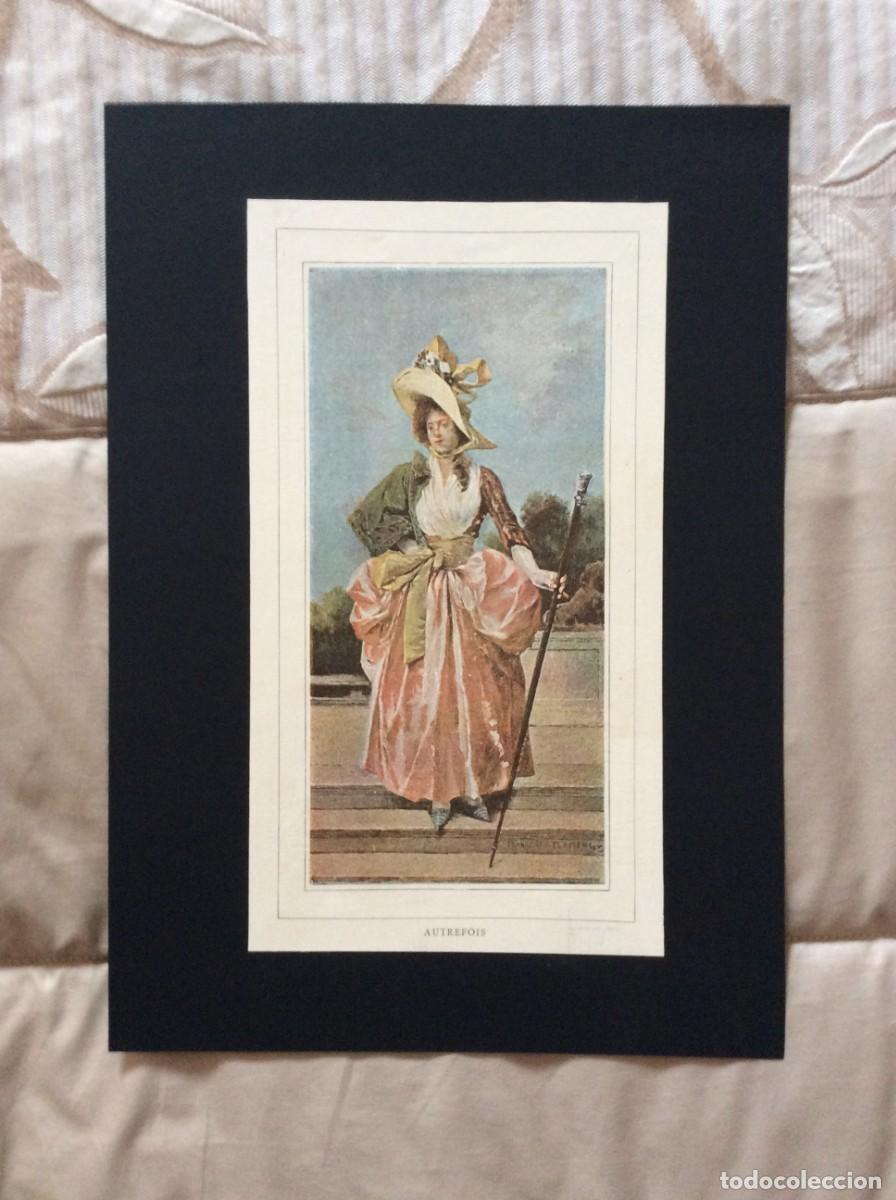 Arte: A mulher parisiense anterior ao s&eacute;culo XIX. Litografia colorida do s&eacute;culo XIX.