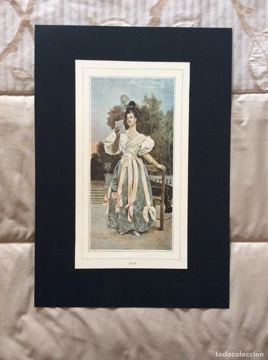 Arte: A mulher parisiense do s&eacute;culo XIX. Litografia colorida do s&eacute;culo XIX