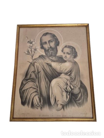 Arte: Litograf&iacute;a Religiosa de San Jos&eacute; con el Ni&ntilde;o Jes&uacute;s - Imp. L. Turgis & Fils - S.XIX - Enmarcada