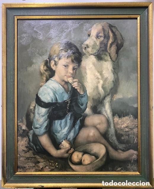 Arte: Cuadro Litograf&iacute;a sobre lienzo firmado por Francisco Ribera. Ni&ntilde;a con perro. A&ntilde;o 1966