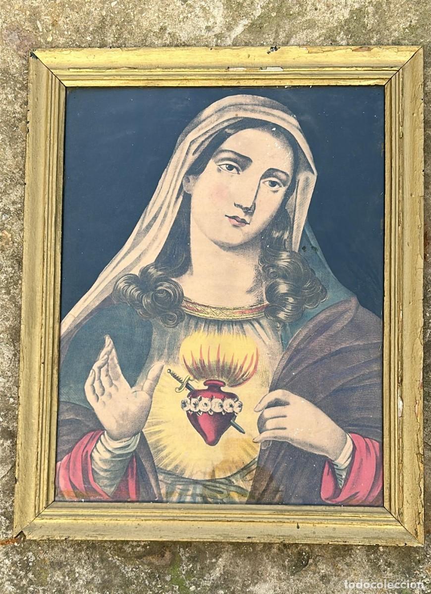 Arte: LITOGRAFIA ANTIGUA DEL SAGRADO CORAZON DE MARIA ANTIQUISIMA Y ENMARCADA DE 54 X 43 CMS.