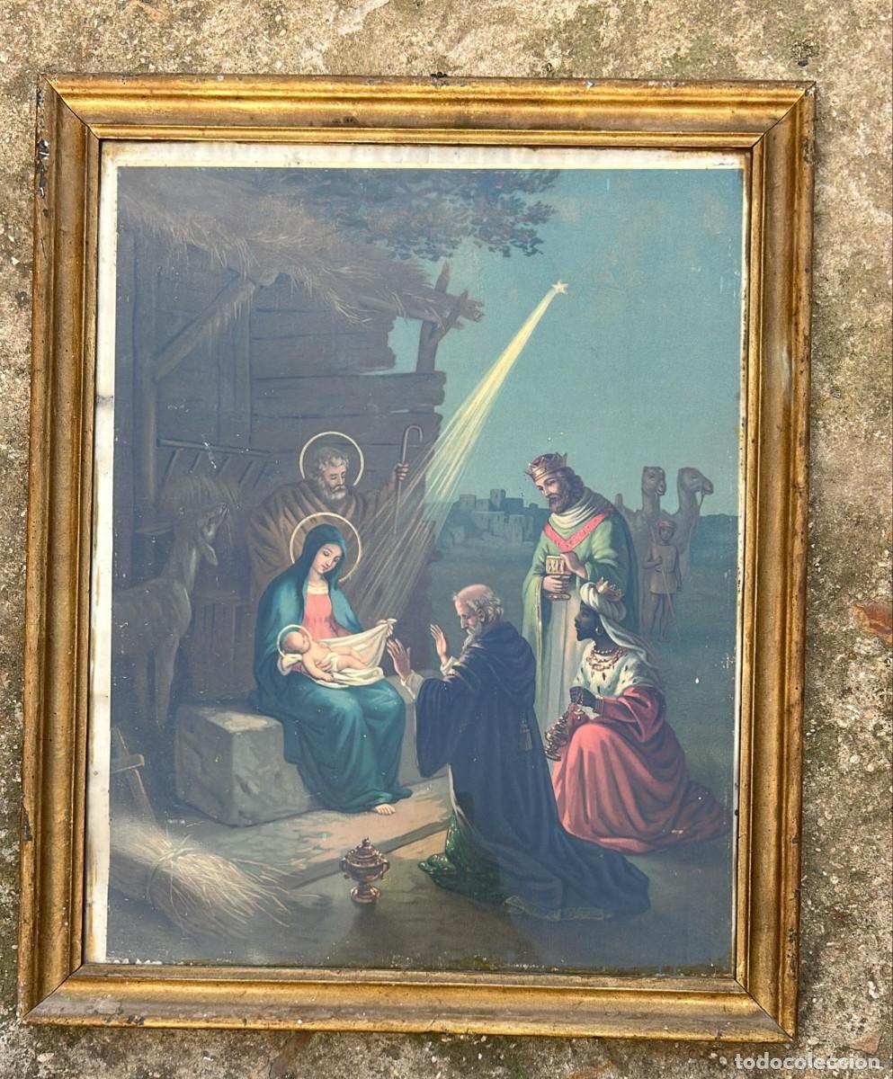 Arte: LITOGRAFIA ANTIGUA DE LA PRESENTACI&Oacute;N DE LOS REYES MAGOS AL NI&Ntilde;O JESUS EN BELEN 60 X 47 CMS.
