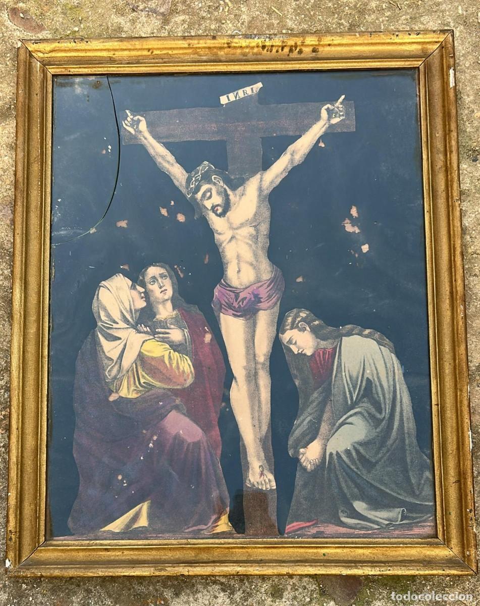 Arte: LITOGRAFIA ANTIGUA DE LA VIRGEN MARIA EN EL CALVARIO DE JESUS CRUCIFICADO DE 58 X 48 CMS.