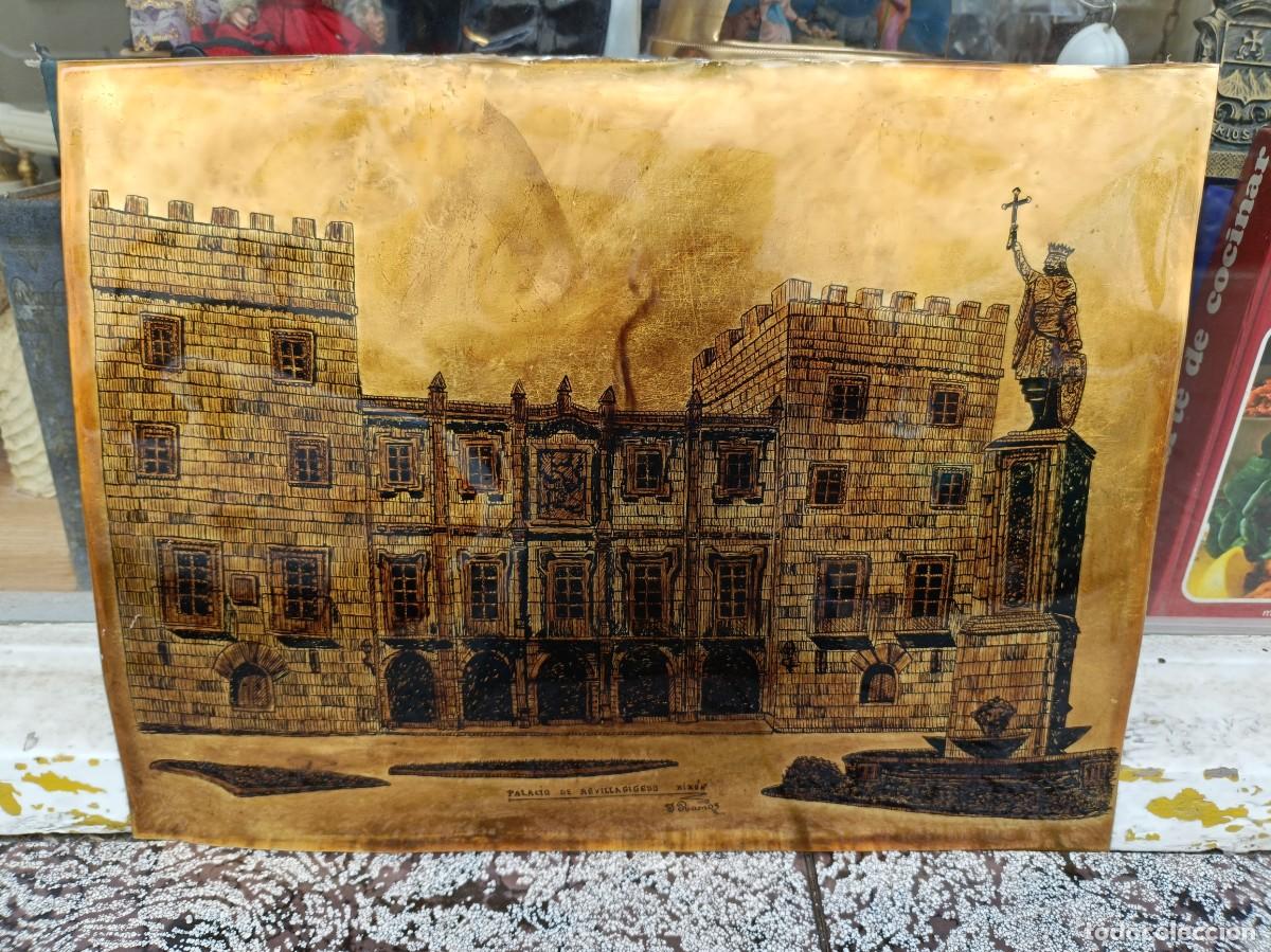 Arte: CUADRO LAMINA DE METAL DORADO PLUMILLA. PALACIO REVILLAGIGEDO - GIJON