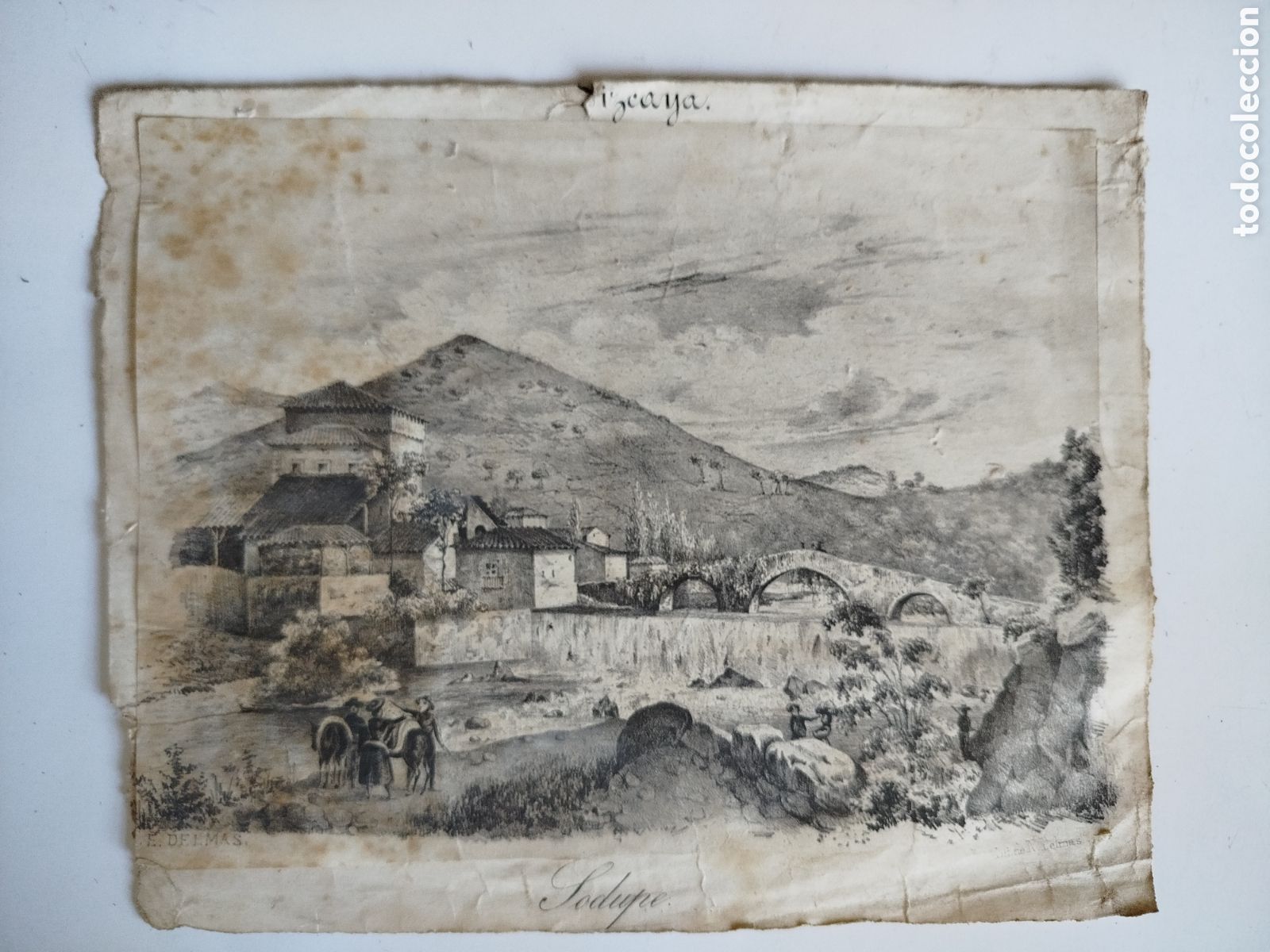 Arte: ANTIGUA LITOGRAF&Iacute;A DE UNA VISTA DE SODUPE, VIZCAYA. LITOGRAF&Iacute;A DE E. DELMAS .PARA RESTAURAR.