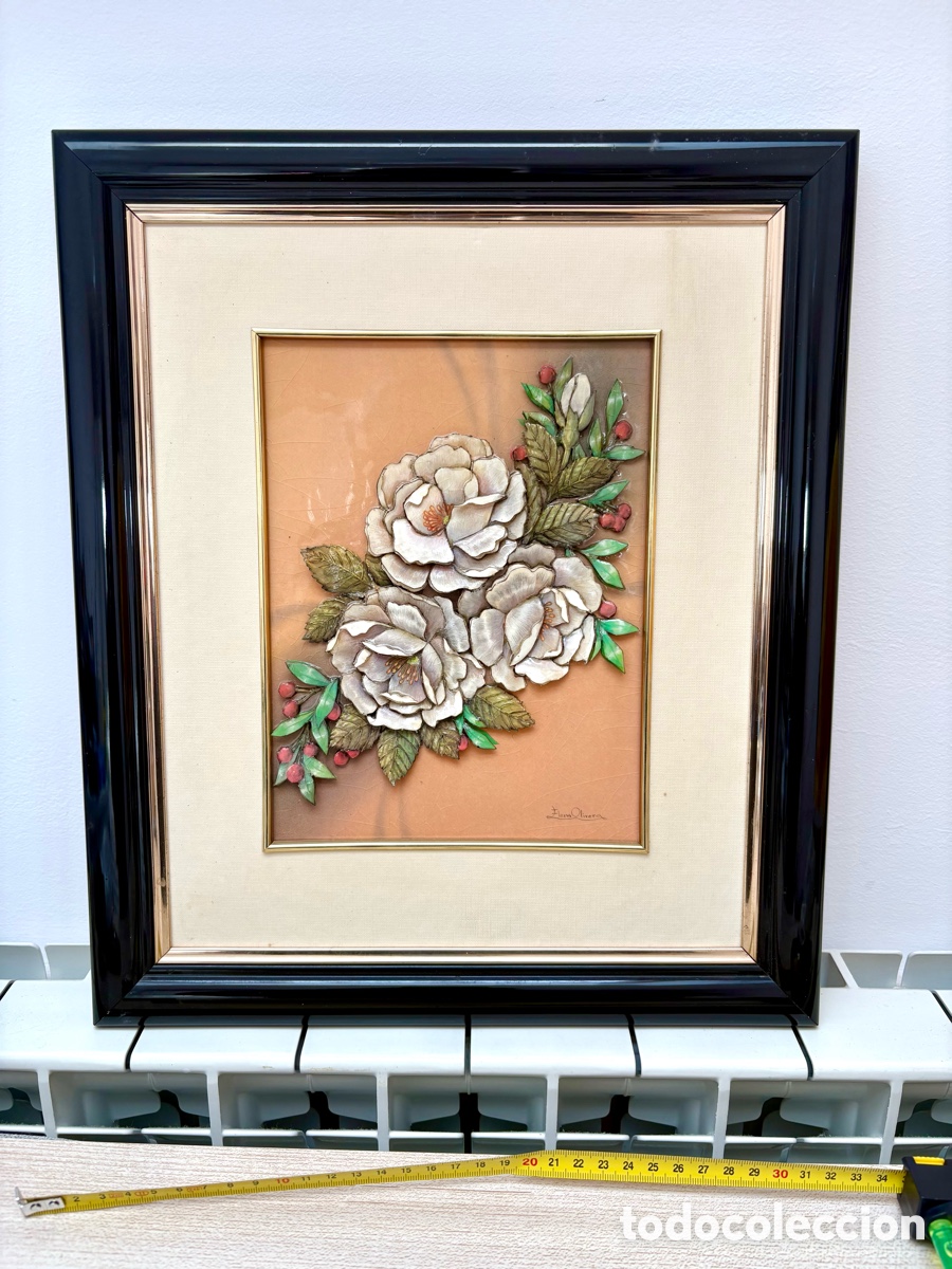 Arte: Cuadro Vintage Flores 3D Elena Olivera - Relieve Artesanal - Enmarcado M&eacute;rida