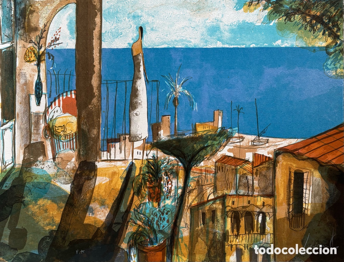 Arte: LOUREN&Ccedil;O, Didier. Escena costera. Litograf&iacute;a P.A. Firmada. 45 x 58 cm.