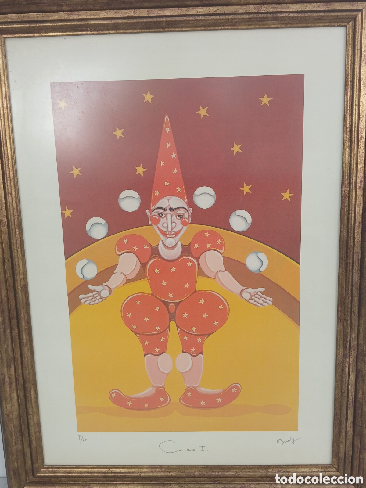 Arte: Arlequ&iacute;n. Litograf&iacute;a. Circo I firmado Bruly(?) P/A, cristal de protecci&oacute;n opaco